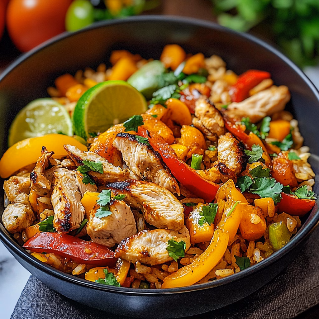 Satisfy your hunger with this Chicken Fajita Rice Bowl! Packed with juicy chicken, vibrant bell peppers, and fluffy rice, it's a delightful blend of flavors in every bite. Perfect for weeknight dinners or meal prep, this recipe is easy to make and customizable. Save it now for a tasty meal that will please the whole family! Enjoy a fiesta on your plate tonight!