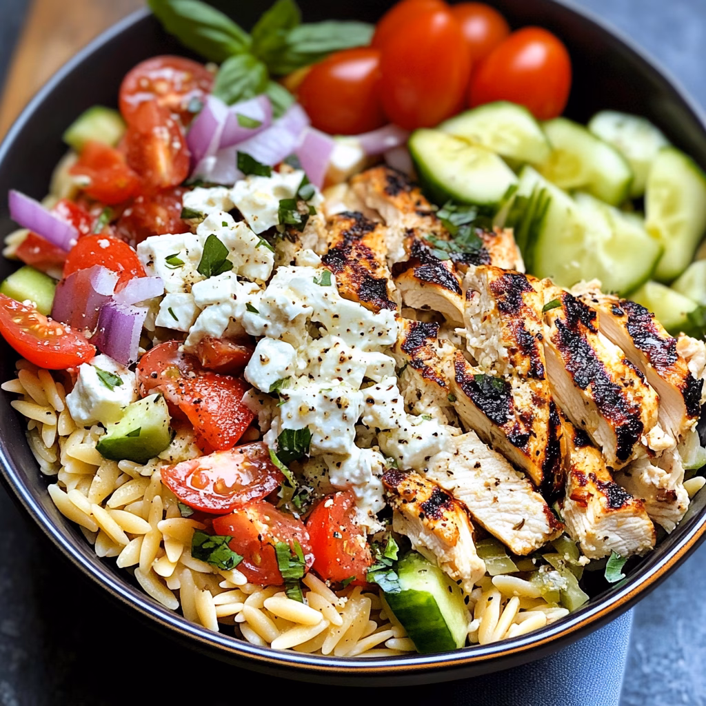 Looking for a fresh and filling meal? These Greek Chicken Orzo Power Bowls combine juicy chicken, vibrant veggies, and hearty orzo, all drizzled with a zesty dressing. Perfect for lunch or dinner, they’re a delicious way to nourish your body. Save this recipe to whip up a healthy meal anytime! Great for meal prep or gatherings!