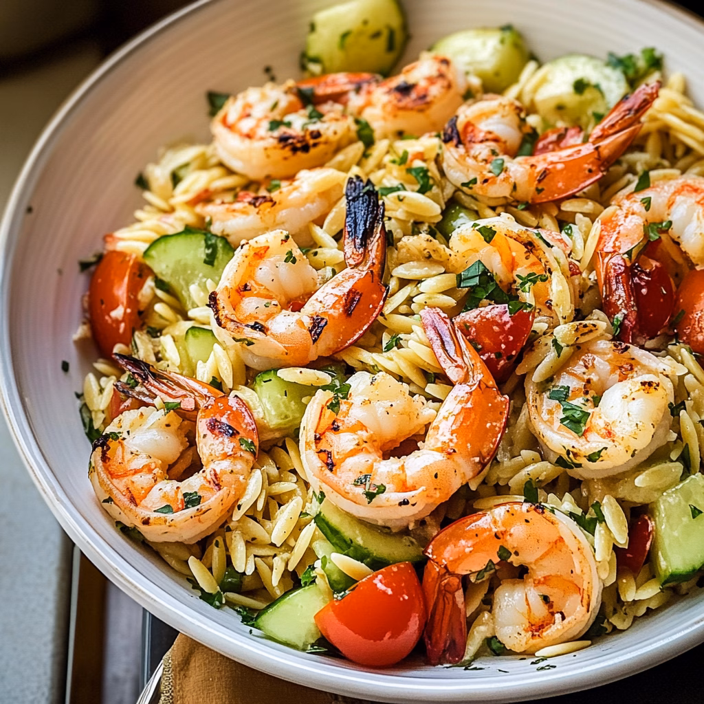 Brighten up your dinner table with this Greek Style Grilled Shrimp Orzo Pasta Salad! Packed with juicy shrimp, tender orzo, and fresh veggies, this dish brings a taste of the Mediterranean right to your home. Perfect for summer BBQs or as a light lunch. Don’t forget to save this recipe for your next warm-weather meal!