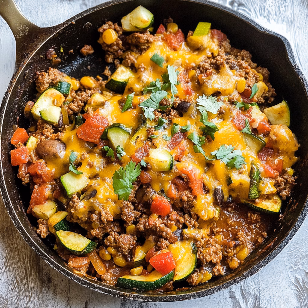 Easy and delicious, this One-Pan Taco Zucchini Skillet is packed with flavor! Using fresh zucchini, seasoned ground meat, and your favorite taco toppings, it's a quick meal perfect for busy weeknights. Save this recipe for a fun family dinner or casual gathering – it’s a hit every time!