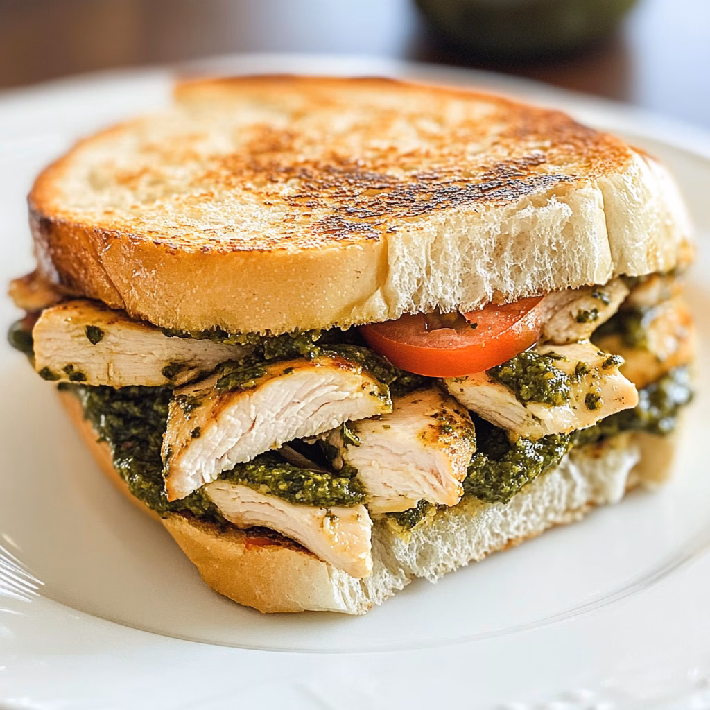 Looking for a quick and delicious meal? This Pesto Chicken Sandwich combines juicy grilled chicken, fresh basil pesto, and creamy mozzarella, all packed between toasted bread for a burst of flavor. Perfect for lunch or a light dinner! Save this recipe now for those busy days when you crave something satisfying!