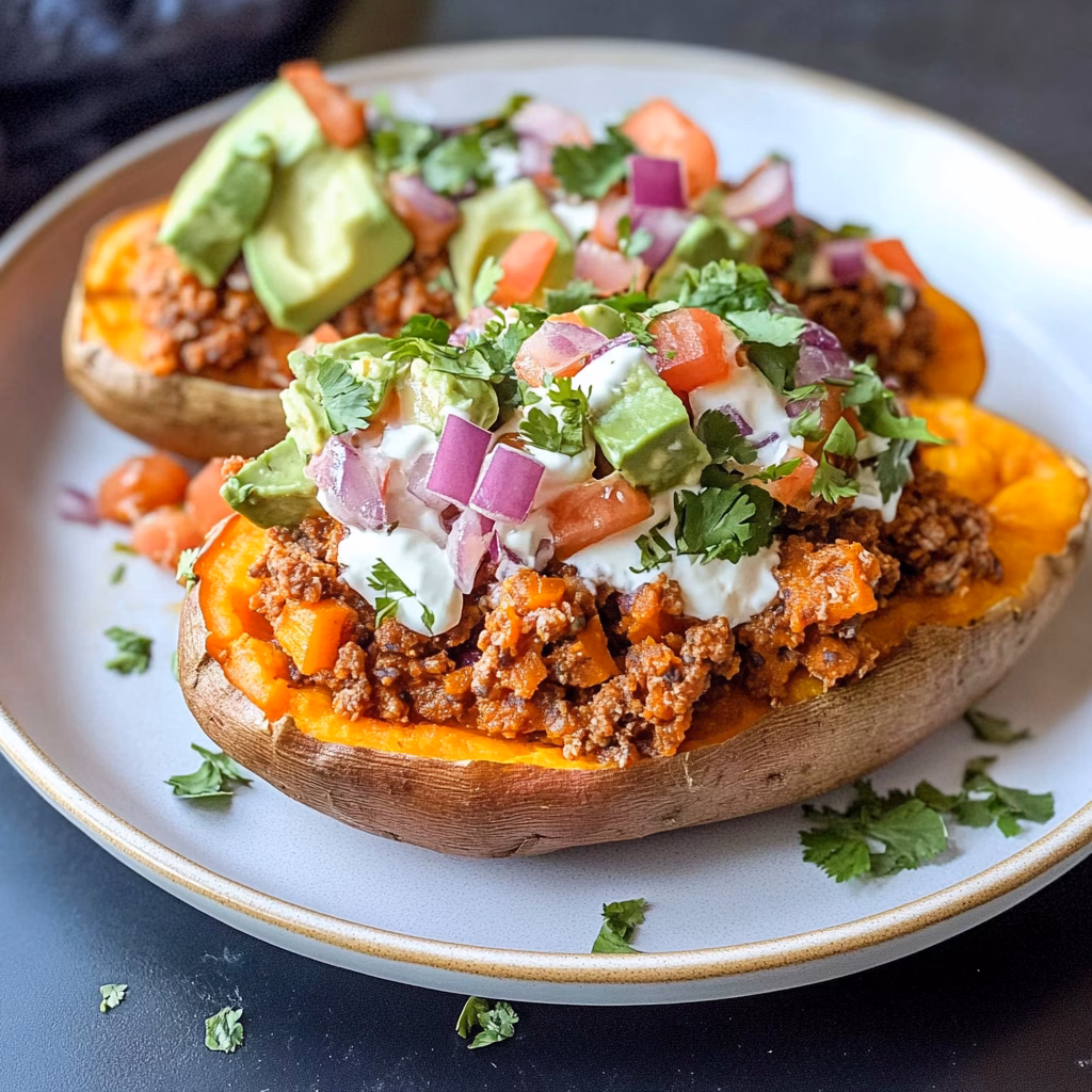 Sweet potatoes meet taco flavor in this easy recipe! These Taco Stuffed Sweet Potatoes are packed with spicy seasoned meat, beans, and fresh toppings for a satisfying meal. Perfect for busy weeknights or meal prep! Save this recipe to try a wholesome, colorful dish that everyone will love. Enjoy a delicious twist on tacos tonight!