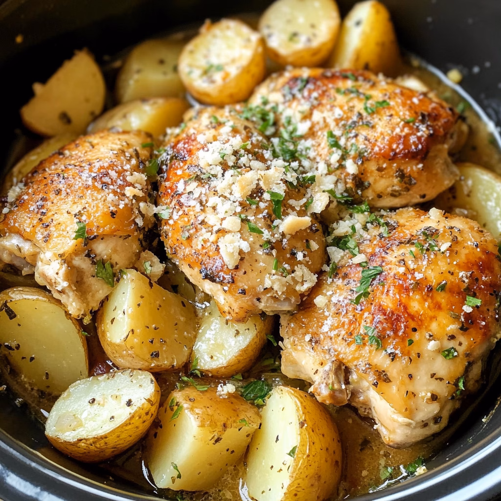 This Slow Cooker Garlic Parmesan Chicken and Potatoes is the perfect weeknight meal! With tender chicken cooked in a rich garlic and Parmesan sauce, and creamy potatoes, it’s a dish everyone will love. Perfect for busy days or family gatherings—save this recipe for an easy, delicious dinner!