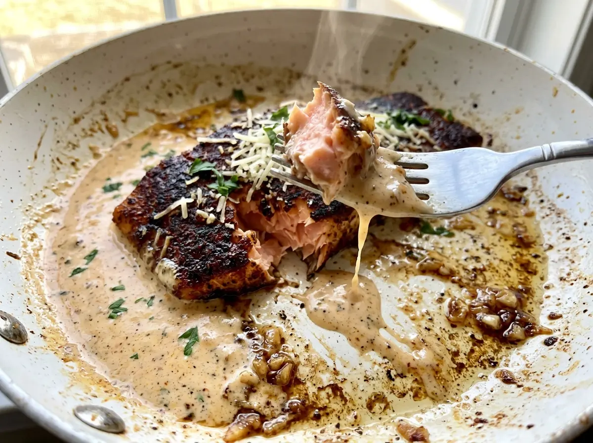 Blackened Salmon in Creamy Cajun Sauce with crisp spice crust