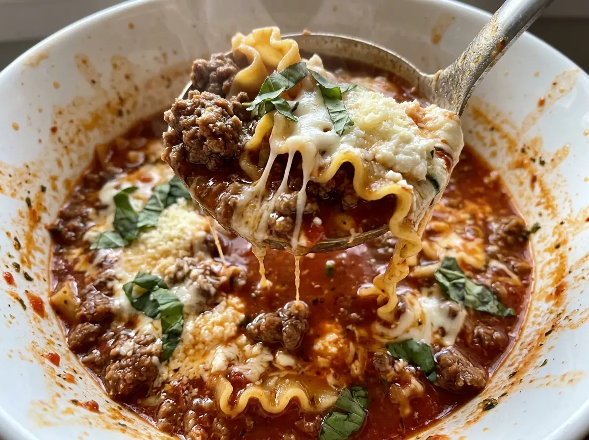 Cheesy Ground Beef Lasagna Soup, hearty tomato broth