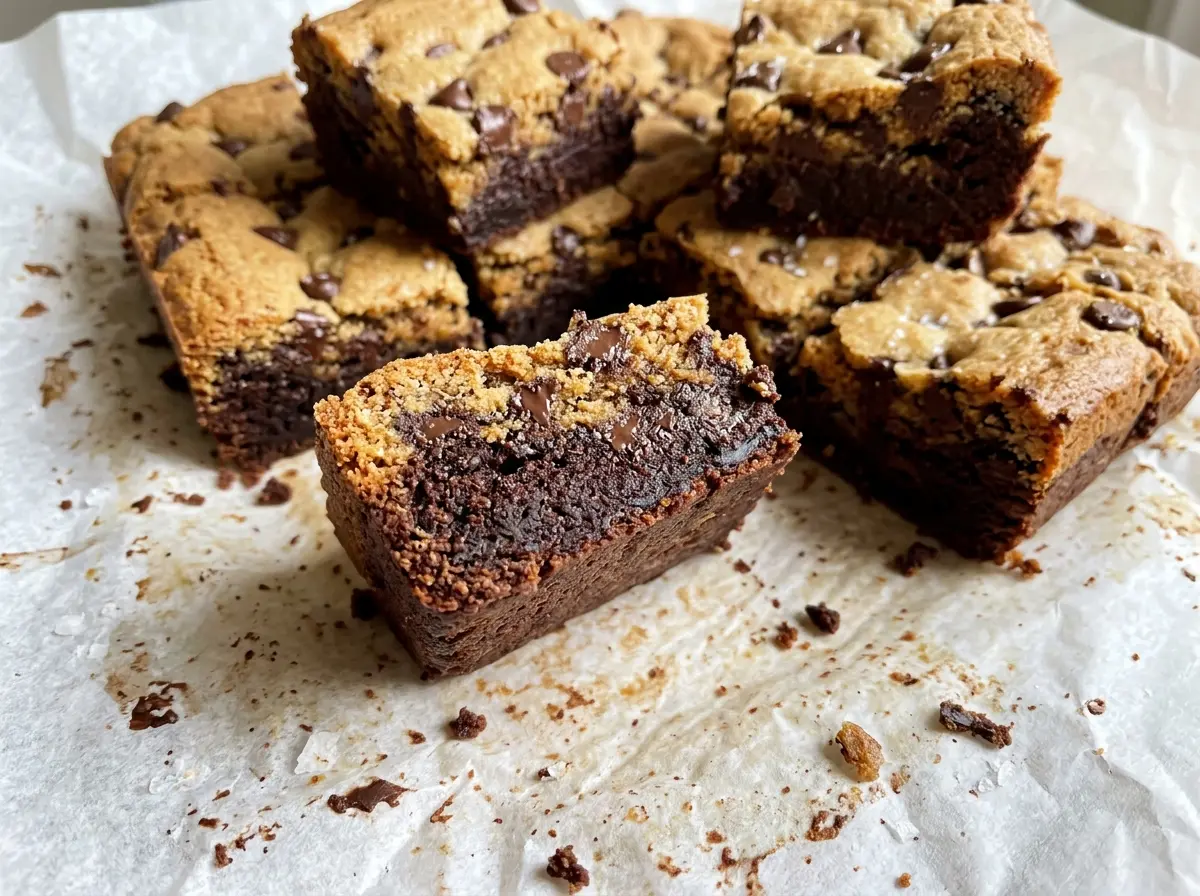 Chocolate Chip Cookie Brownies with golden chocolate tops