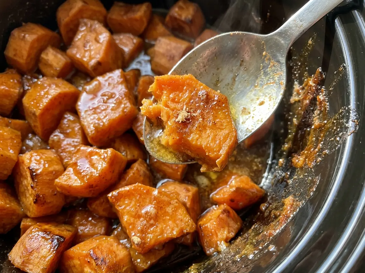 Crock Pot Maple Glazed Sweet Potatoes glossy cinnamon cubes