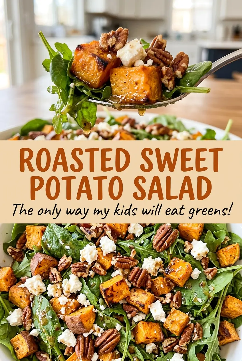 Roasted sweet potato salad with spinach and pecans