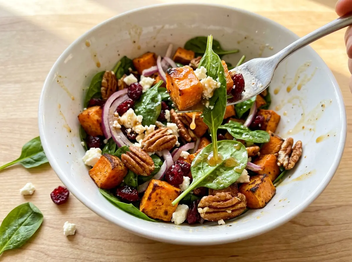 Roasted sweet potato salad with spinach and pecans