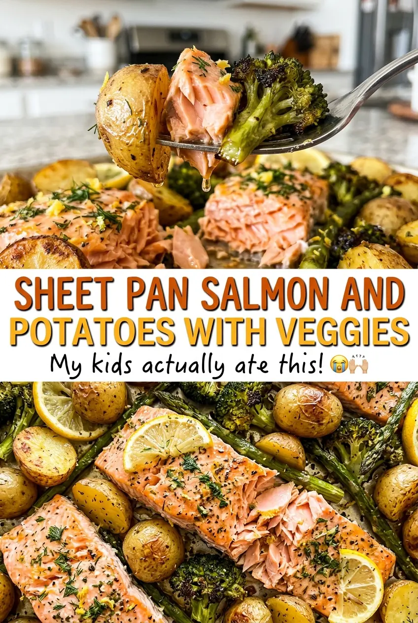 Sheet Pan Salmon and Potatoes with Veggies with colorful roasted vegetables