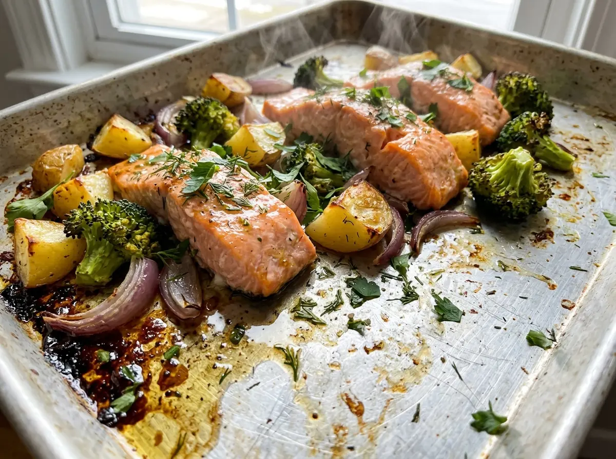 Sheet Pan Salmon and Potatoes with Veggies with golden potatoes