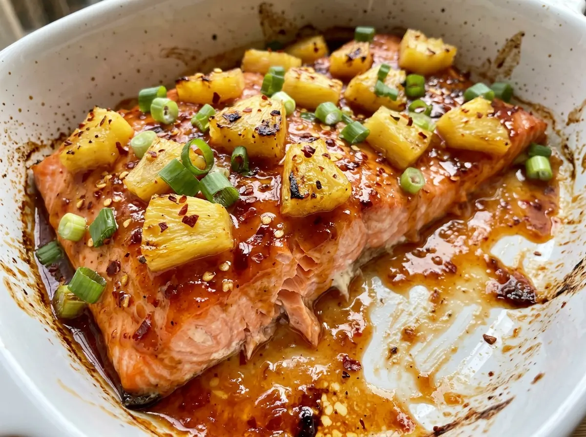 Sweet and Spicy Pineapple Salmon with glossy pineapple glaze